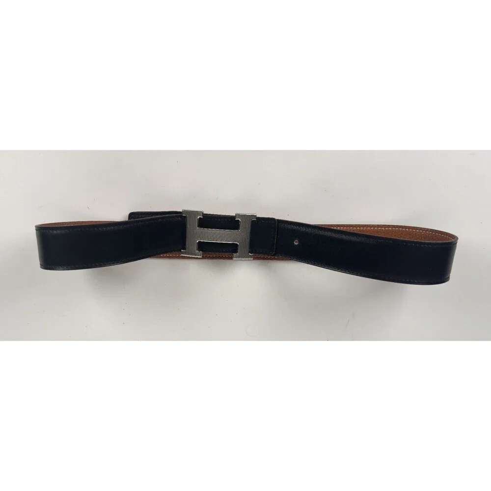 Hermes Black Leather Women's Belt Silver Pinstriped H Strie Buckle